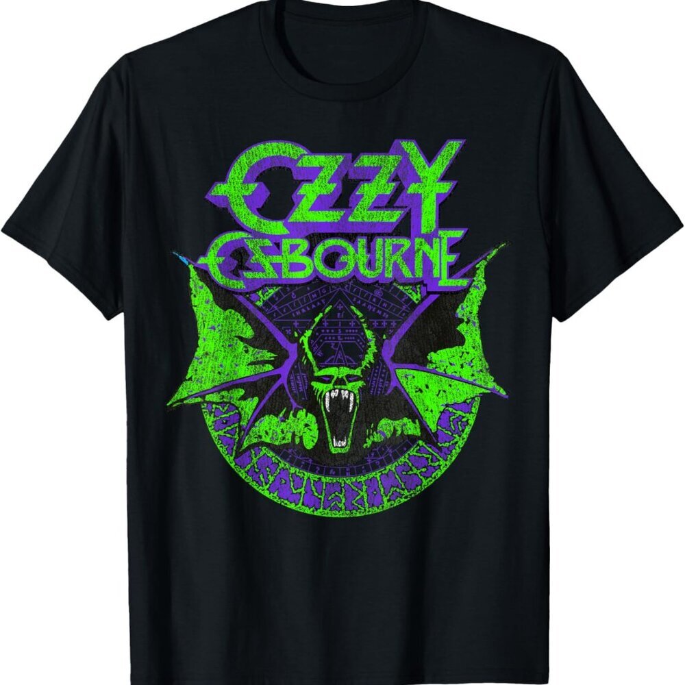 Ozzy Osbourne Bat Circle Neon T-Shirt Retro Rock Graphic Tee 80s Metal Icon 24